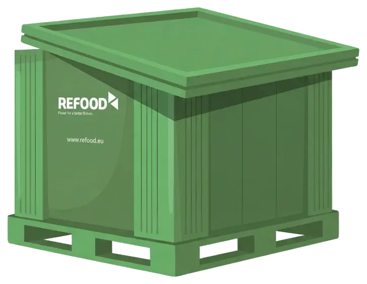 Grüne BigBox von ReFood mit Deckel auf Palettenfuß für große Mengen Speisereste