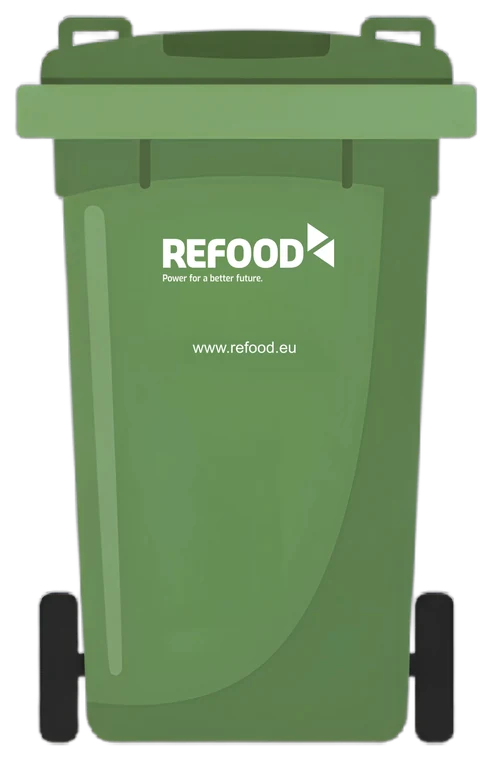 Grüner Culino-Behälter von ReFood für Speisereste, auf Rollen mit Deckel